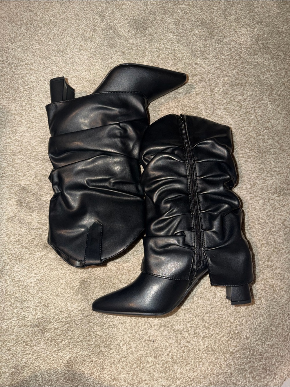 BAMBOO Black Slouchy Pointed-Toe Mid-Calf Heeled Boots